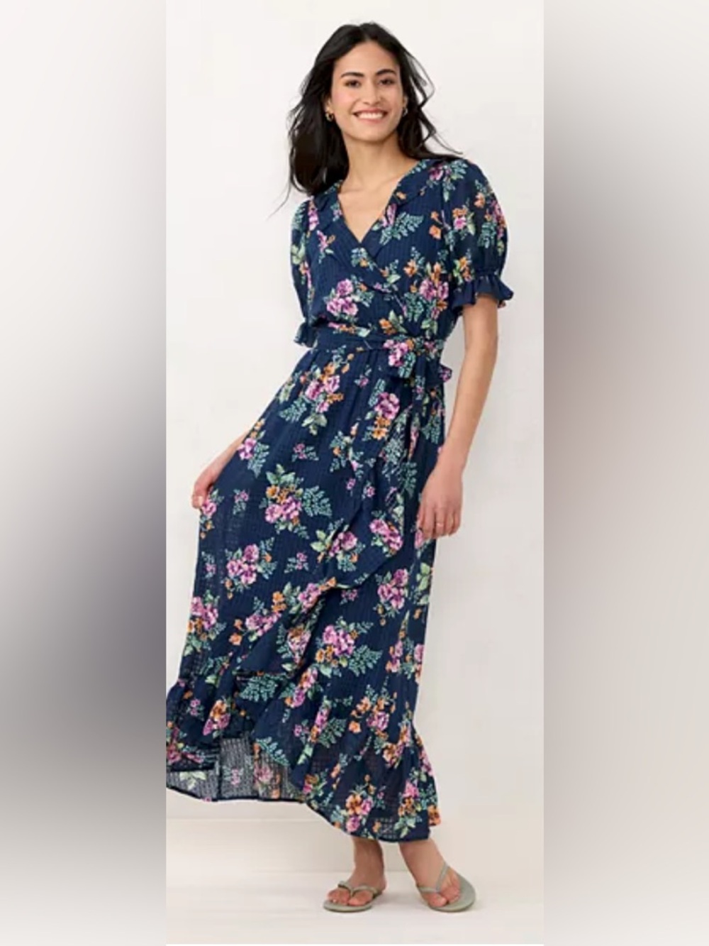 LC Lauren Conrad navy floral spring faux wrap ruffle sleeve belted maxi dress S